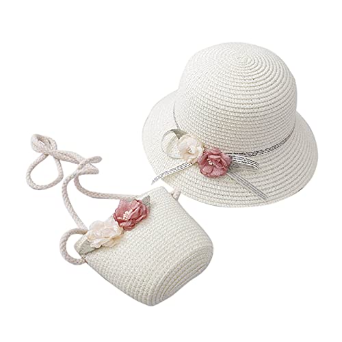 Little Girls Flower Straw Hat Cute Woven Sunblock Hat with Woven Shoulder Bag Packable Summer Wide Brim Beach Cap