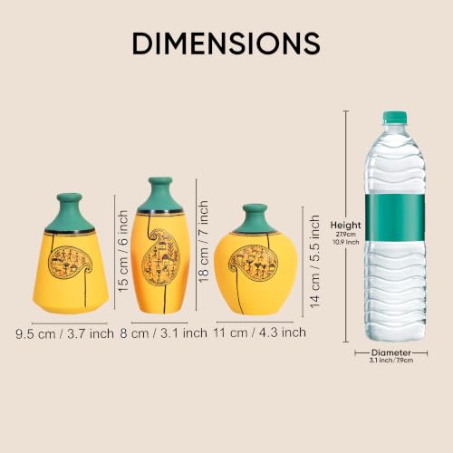 Image of Aakriti Art Creations Terracotta Vases Set of 3 | Handmade Yellow Warli Art Flower Vases Matte Finish Decorative Vases for Artificial Plants Home Decor & Gifting