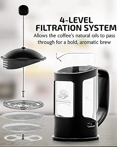Ovente French Press Coffee, Tea And Espresso Maker, Heat Resistant Borosilicate Glass With 4 Filter Stainless-Steel System, Bpa-Free Portable Pitcher Perfect For Hot & Cold Brew 27Oz, Black Fpt27B #TOP1