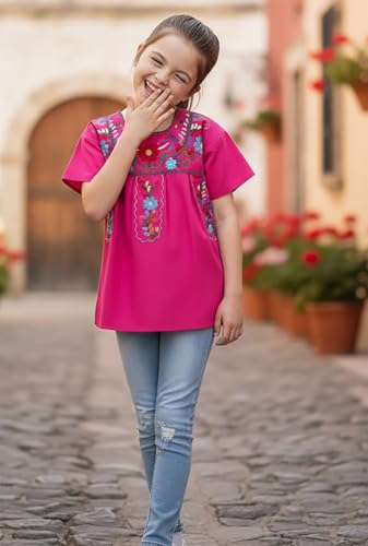Image of YZXDORWJ Mexican Blouse for Girls Traditional Embroidered Summer Short Sleeve Peasant Blouse for Kids