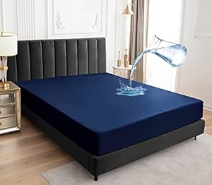 Sufdari Waterproof Mattress Protector Super King, 180x200cm Mattress Cover for Bed, 30cm Deep Pocket Fitted Sheet Style Mattress Protector with Elastic Rubber Band-Navy Blue