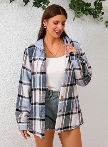 Women's Plaid Flannel Plaid Shacket Button Up Hooded Long Sleeve Fleece Jacket Winter Coat with Side Pockets3