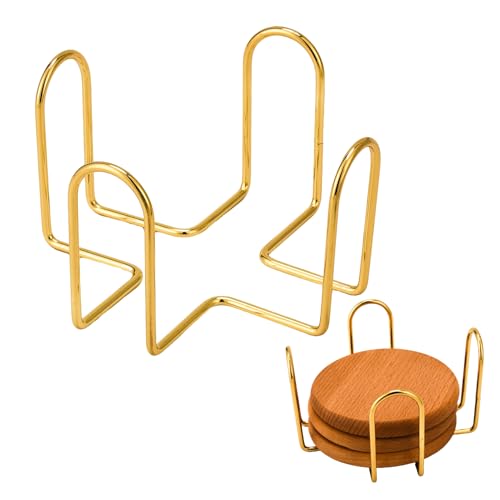Coaster Holder 4.3 Inch Gold Iron Metal Holder Storage Caddy for Both Round and Square Coasters Fit 4 to 9 Pieces Coasters (1 PC)