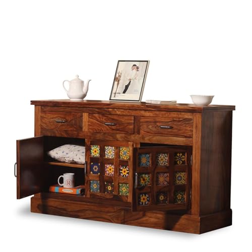 Image of Solid Sheesham Wood Sideboard Cabinet Storage with 3 Door & 3 Drawer Wooden Storage Organizer Cabinet for Home Kitchen Living Room Bedroom Hallway Dinning | Natural Honey Finish | Pre-Assembled