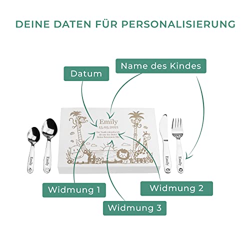 Foto von LAUBLUST Kinderbesteck mit Namensgravur - Dschungel Gravur & Geschenkbox weiß | Besteck mit Namen - Geschenk zur Taufe für Kinder - Taufgeschenke für Jungen & Mädchen | Personalisierte Erinnerungsbox