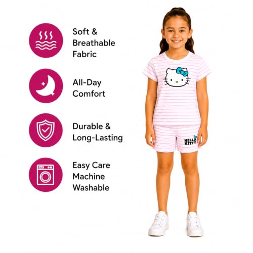 Image of Hello Kitty Girls Short Set - 2 Piece Short Sleeve Graphic Tee and Shorts Clothing Outfits (Sizes: 2T-12)