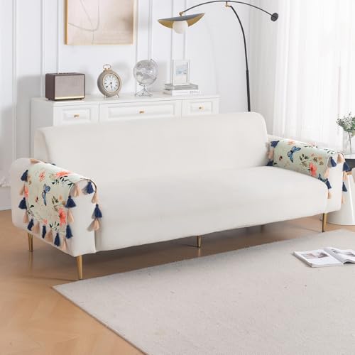 Image of HOKIPO Premium Sofa Armrest Cover (1 Pair) | Printed Holland Velvet with Tassels | 'Whispers of Nature' Pastel Butterfly Meadow (IN-1115-D2*2SM)