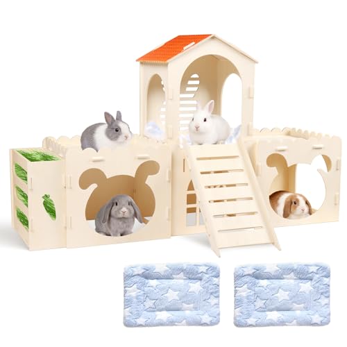 Essenhome Extra Large Rabbit Castle with 2 Soft Fleece Mats Upgraded 0.5cm Thicker Wooden Bunny Hideout Indoor Small Animal House and Habitat for Guinea Pigs Chinchillas Vibrant Orange Roof Design
