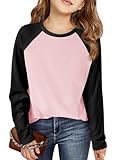 Haloumoning Kids Girls T Shirts Casual Raglan Long Sleeve Tee Crewneck Color Block Cute Fall Blouses Tops 5-14 Years Black