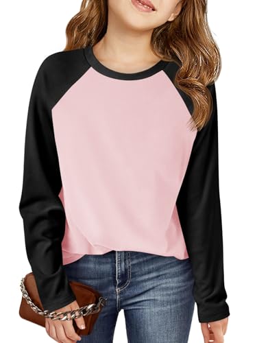 Haloumoning Kids Girls T Shirts Casual Raglan Long Sleeve Tee Crewneck Color Block Cute Fall Blouses Tops 5-14 Years Black