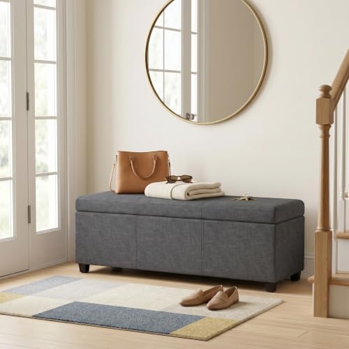 Image of SIMPLIHOME Avalon 54 inch Wide Linen Look Fabric Storage Ottoman in Slate Grey