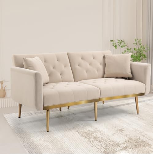 Sofá de 3 plazas de terciopelo suave, convertible en un sofá cama ajustable en 3 posiciones, patas de metal resistentes, adecuado para múltiples escenarios en el dormitorio o habitación pequeña,