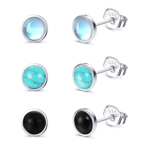 Fansilver 925 Sterling Silver Stud Earrings for Womens Moonstone Earrings Turquoise Black Earrings Round Gemstone Stud Gift Christmas Valentine’s Day