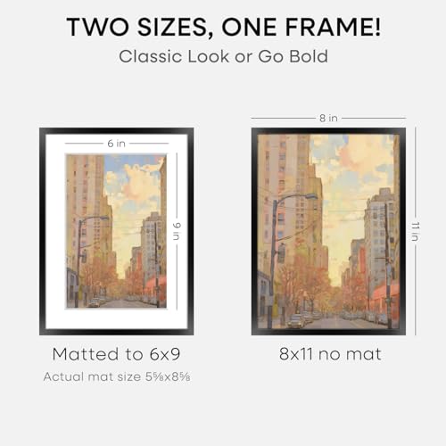 Image of Homeforia 8x11 Black Picture Frame, High-End Metal, 6x9 Mat, Glass | High End Aluminum, Tempered Glass, Acid-Free 6x9 Removable Mat, 8x11 in Edge-to-Edge Display 11x8, Wall Kit, Set Of 1