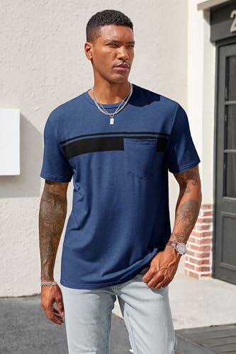 Runcati Men's Casual T-Shirt Short Sleeve Regular Fit Crewneck Tee Summer Graphic Tops with Pocket Navy - Image 2