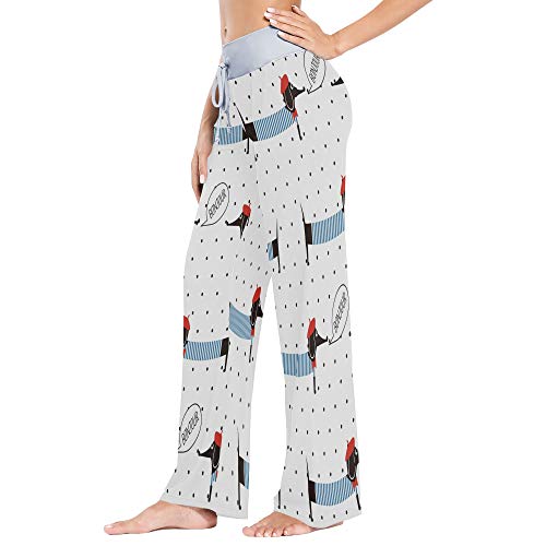 Alaza French Bonjour Polka Dot Dachshund Women's Pajama Lounge Pants Casual Stretch Pants Wide Leg M #TOP1