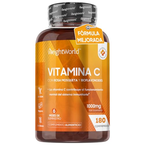 Vitamina C 1000 mg 180 Comprimidos con Bioflavonoides y Rosa Mosqueta | Complemento Vitamínico para Sistema Inmune y Cansancio | Altamente Concentrado de Ácido Ascórbico para 6 Meses - Vegano