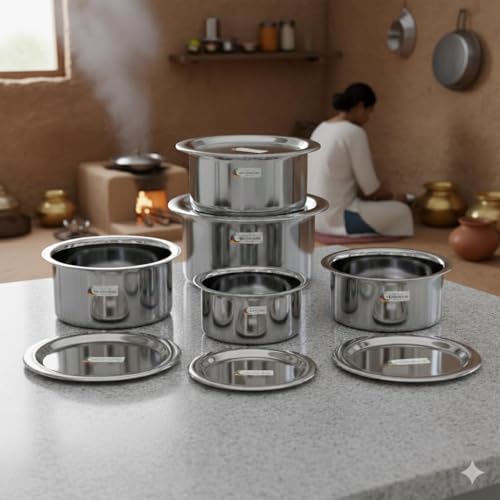 Image of Stainless Steel Tope Patila tepeli Pot pan Utensils Combo cookware Set of 5 PiC Stove and Induction Friendly /Bhagona /Sandwich Bottom Tope /Flat Bottom /Silver /Cookware OK
