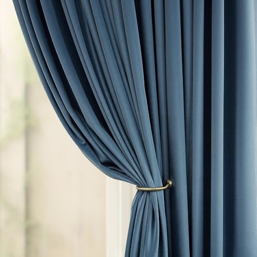 Image of Pitalk Light Blue Velvet Curtains 63 Inch Length for Boys Bedroom Kids Nursery Coastal Elegant Decor Texture Room Darkening Thermal Stone Vintage Blue Curtain for Office Kitchen Study Room 2 Panel Set
