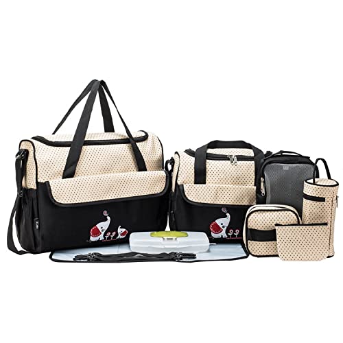 Bolsa de Pañales Totalizador 10 Piece Set Gran Capacidad Bandolera Bolso con Bolsa Aislante con Cremallera para Botellas Estuche de Toallitas Cambiador Correas de Cochecito, Elephant