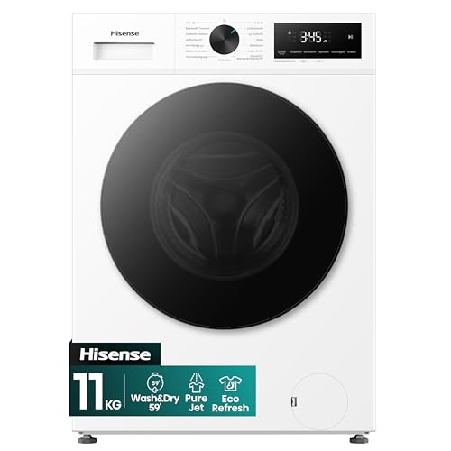 Hisense WF1I1142BWL Waschmische mit Dampffunktion 11kg 1400 U/Min 15 Programme TFT Farb-Display 72 dB Automix-Waschmittelschubfach Pure Jet Schnellwaschgang Anti-Allergie EEK A Weiß
