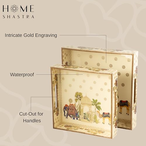 Image of Wooden Serving Tray with Gold Engraving | Set of 2 | Size : 12 x 12 inch & 10 x 10 inch | Enamel Coated Waterproof | Square Trays | Decorative Trays | (Royal Camel Square Trays Set)