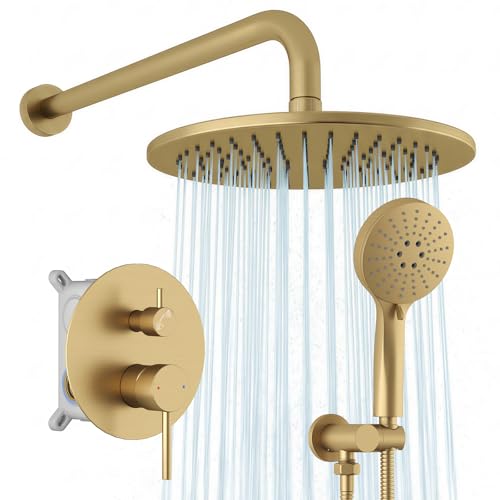 Hoimpro Brushed Gold Rain Shower Head Shower Faucet System Fixture Set for bathroom similar not exact