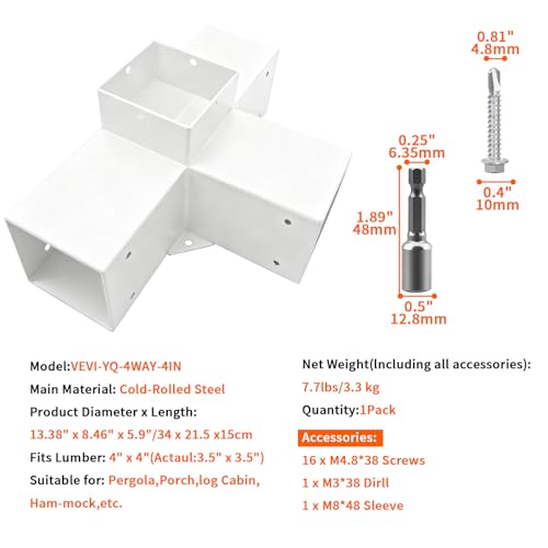 Image of 1Pack 4-Way Pergola DIY Bracket Kit,White Heavy Duty Right Angle Corner Brackets with Screws for 4 inchx4 inch(Actal:3.5 inchx3.5 inch) Wood Beams for Outdoor Pavilion,Kitchen,Porch,Hammock,Hunt Cabin