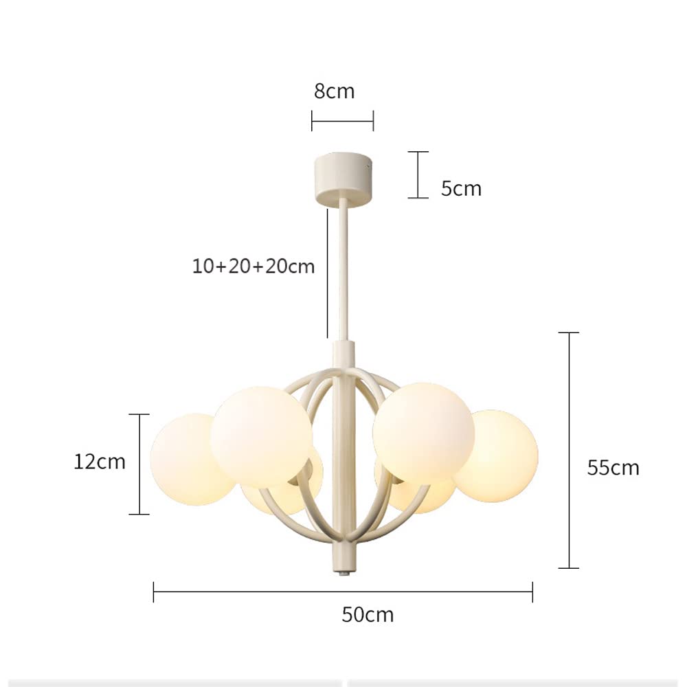 Jasnobeżowa żelazna lampa sufitowa z 6 lampami, nowoczesna i opływowa lampa wisząca do salonu lub sypialni, ze szklanym kloszem, 3 przedłużkami w zestawie (10 + 20 + 20 cm), trzonek G9