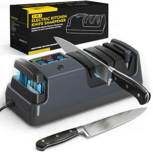 Electric Knife Sharpener for Kitchen - Professional 3-Stage Sharpening for Straight-Edge & Serrated Knives and Scissors, with 100% Diamond Abrasive (Grey)