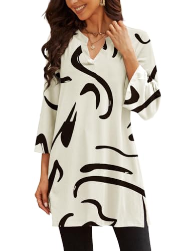 Poetsky Tops for Women 3/4 Sleeve Tunic Tee Shirt Tops Boho Printed Ethnic Style Blouses Outfits 2026 to Wear with Leggings Beige L