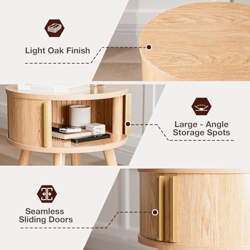 Image of Round Side Table with Sliding Doors, Modern End Table, Natural | 15.7 inchD x 20.5 inchH, Wood tapered legs, 33 lb capacity, ~30 min assembly