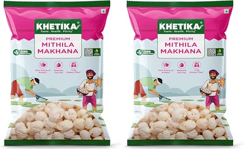 Image of Khetika Mithila Makhana 250g | Fit for Fasting, Dry Fruits in Fresh, Raw Foxnut, Phool Makhana for Prasadam, Premium Lotus Seeds, Rich in Calcium, Natural & Crunchy, Direct from Farm (Pack of 2)