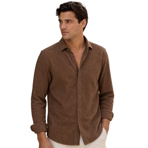 Image of Nobero Textured Popcorn Shirt for Men | Cotton Shirts for Men in 280 GSM Popcorn Knit | Stand Collar | Regular Fit | Full Sleeve