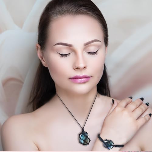 Quelay 2 Pcs Healing Crystal Necklace and Bracelet Natural Crystal Necklace Women Gift with Woven Rope and Card for Women Men 6