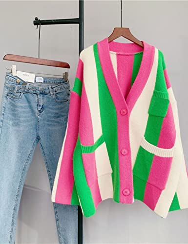 Unilexi Womens Loose Long Sleeve Rainbow Striped Cardigans Sweater Boho Color Block Chunky Knitted Tops3
