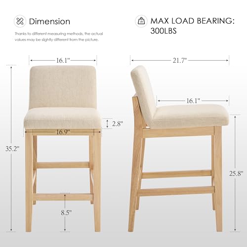 Image of Zesthouse Wooden Counter Height Stools Set of 4, 26 inch Modern Bar Stools with Upholstered Back & Solid Wood Leg, Mid Century Modern Heavy Duty Barstools, Beige Linen Fabric High Chair for Kitchen Island