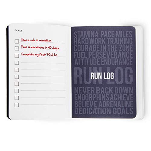 Open running log notebook with a handwritten checklist and motivational running words on the facing page