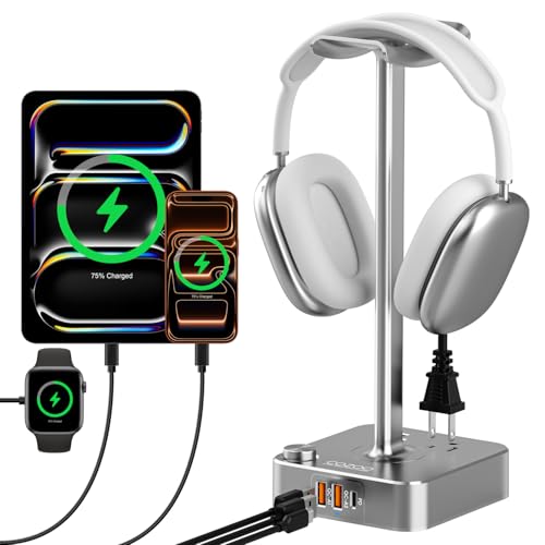 Headphone Stand with PD Fast Charger & QC3.0,Gaming Headset Holder with 3 USB Ports 2 AC Outlets for Desk,Cool Gamer Gifts for Men,Boyfriend,Teen Boys,Friends – Perfect Gaming Accessories & Room Setup