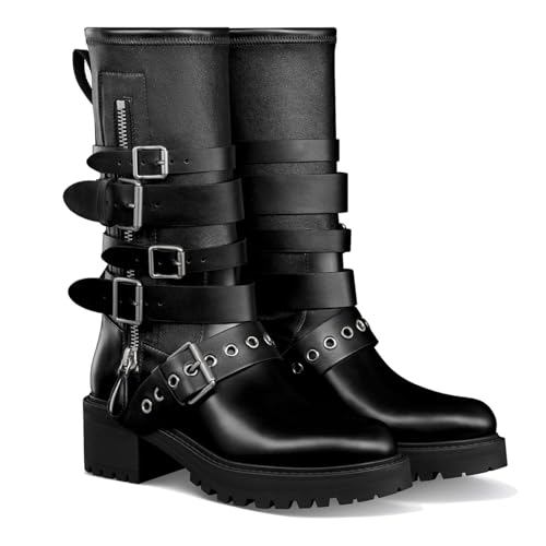 Goolita Buckle Strap Biker Boots Women Square Toe Chunky Heel Stretch Moto Mid Calf Boots Zipper Motorcycle Riding Boot2