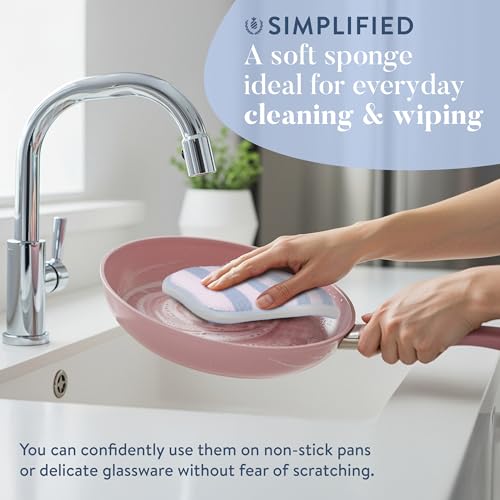 Image of Simplified 5-Pack Scrub & Wipe 2-in-1 Dishwashing Sponges - Non-Abrasive Cleaning Sponges, Double-Sided - Safe for Dishes, Non-Stick Pans or Glassware, Absorbent Dish Sponges, Blue Stripe