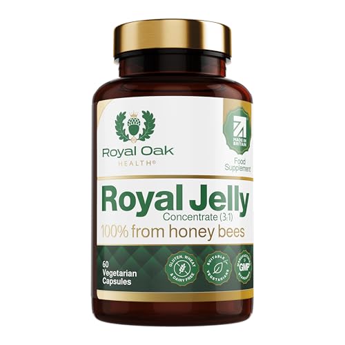 Royal Jelly Capsules 3:1 Concentrate Naturally Sourced 100% Pure 3% 10-HDA from Honey Bees | 2 Month Supply 60 Vegetarian Capsules | Made in UK by Royal Oak Health