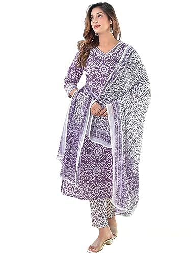 Image of GoSriKi Women's Cotton Blend Straight Printed Kurta with Pant & Dupatta (Nihira Purple-STN-GS 5XL Purple XXXXX-Large)