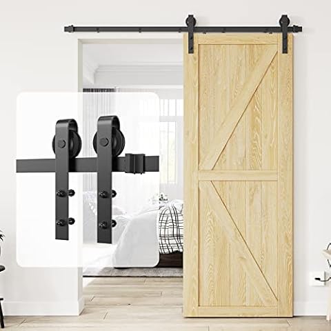 Homlux 6ft Heavy Duty Sturdy Sliding Barn Door Hardware Kit Single Door - Smoothly and Quietly - Simple and Easy to Install - Fit 1 3/8-1 3/4" Thickness Door Panel(Black)(J Shape Hangers) Cover