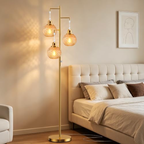 Image of QiMH Glass Floor Lamps for Living Room, Standing Lamp for Bedroom, Amber