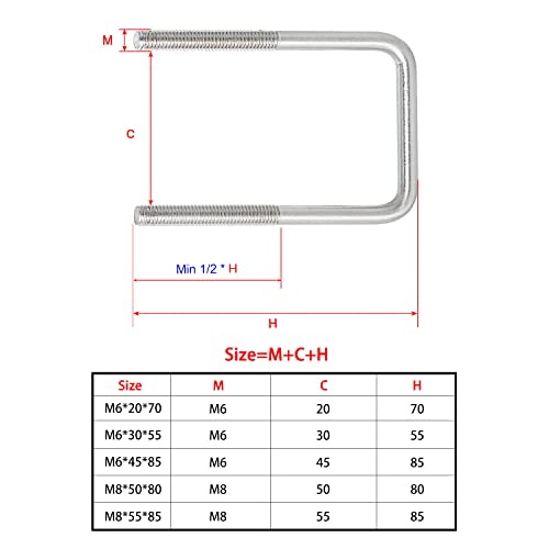 Image of Square U-Bolt 2.17 inch(55mm) Inner Width U Bolts Brackets 304 Stainless Steel M8 with Nut, Plate, Washer for Car /RV /Trailer Bumper,2 Sets