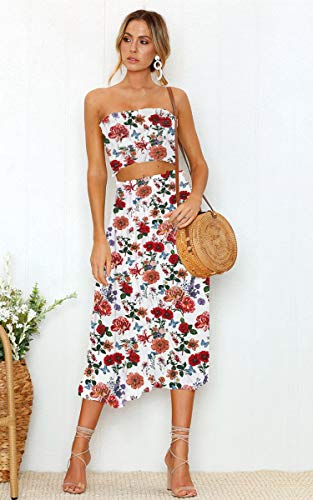Image of Angashion Women's Floral Crop Top Maxi Skirts Set 2 Piece Outfit Dress