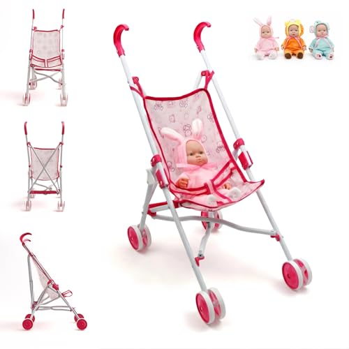 Carrinho de passeio para bonecas - AMATOYS - carrinho de brinquedo dobrável - conjunto de 2 em 1 com boneca bebé - conjunto de imitação e passeio para meninas e meninos