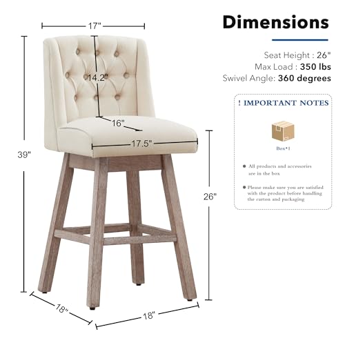 Image of 26 inch Swivel Bar Stools Set of 2, Counter Height Barstools with Back, Linen Fabric Upholstered Bar Stools, Modern Barstools Wood Legs for Kitchen Island Dining Room Bar
