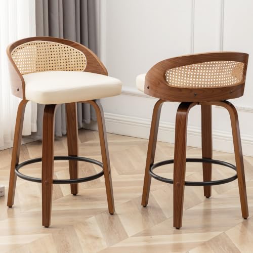 Image of 24.8 inch Swivel Rattan Bar Stools with Back Beige Counter Height Stools 2PCS